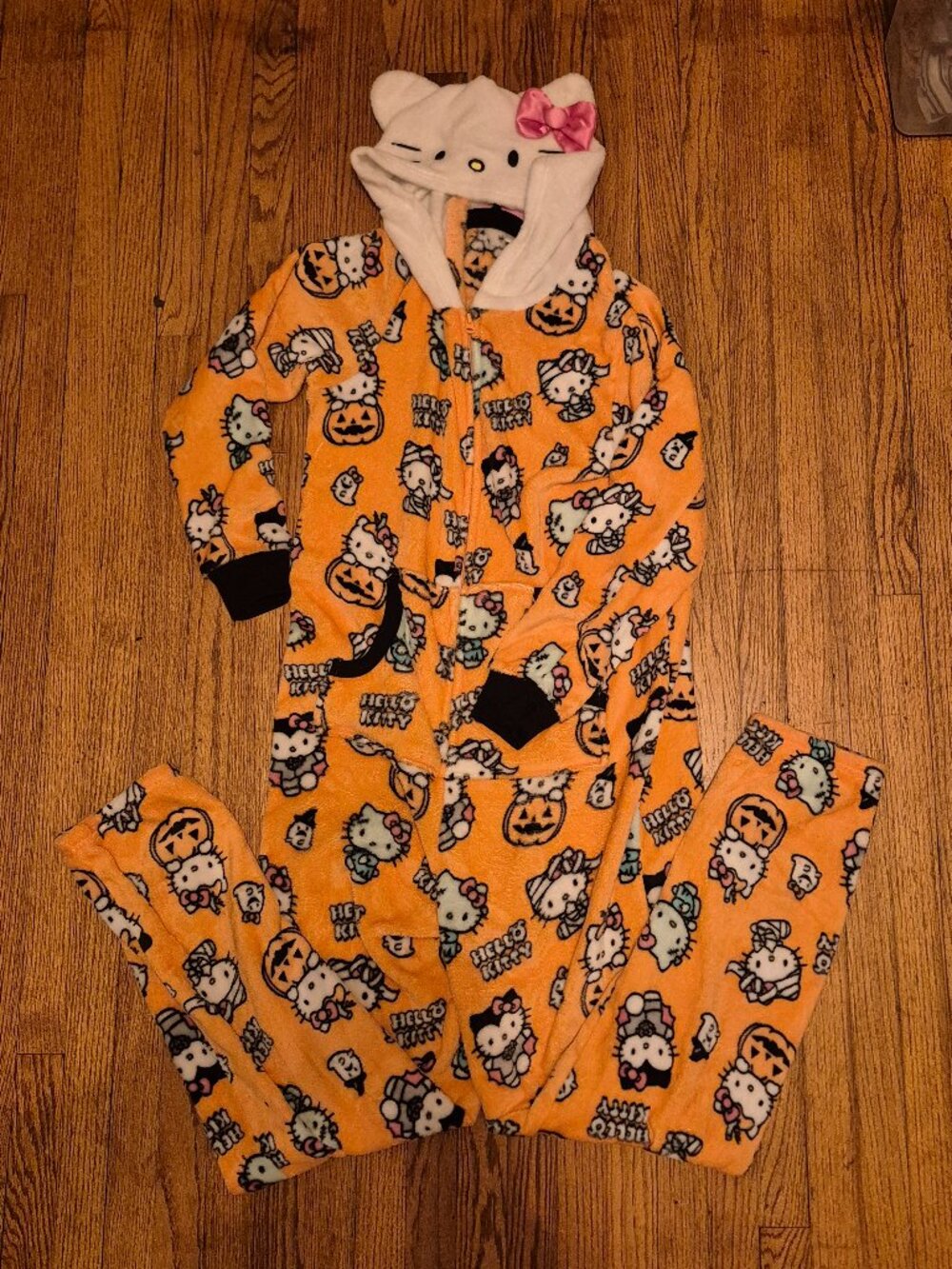 Hello Kitty One Piece Pajamas Womens Large (12-14)Orange Halloween Fleece Kawaii